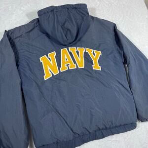 Vintage Time Out US NAVY Jacket Men's Small Full-Zip Hooded Blue Embroidered